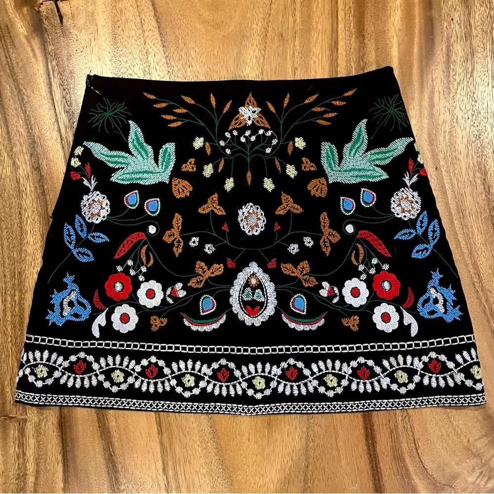 Floral Embroidered Black Mini Skirt